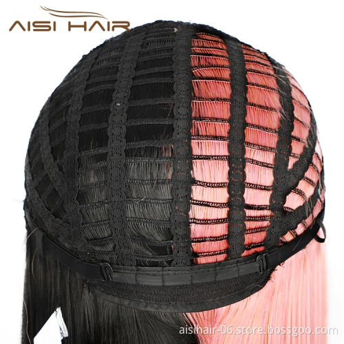 Aisi Hair Fiber Afro High Quality Cheap Straight Mixed Color Pink Black Long Heat Resistant Synthetic Hair Wigs